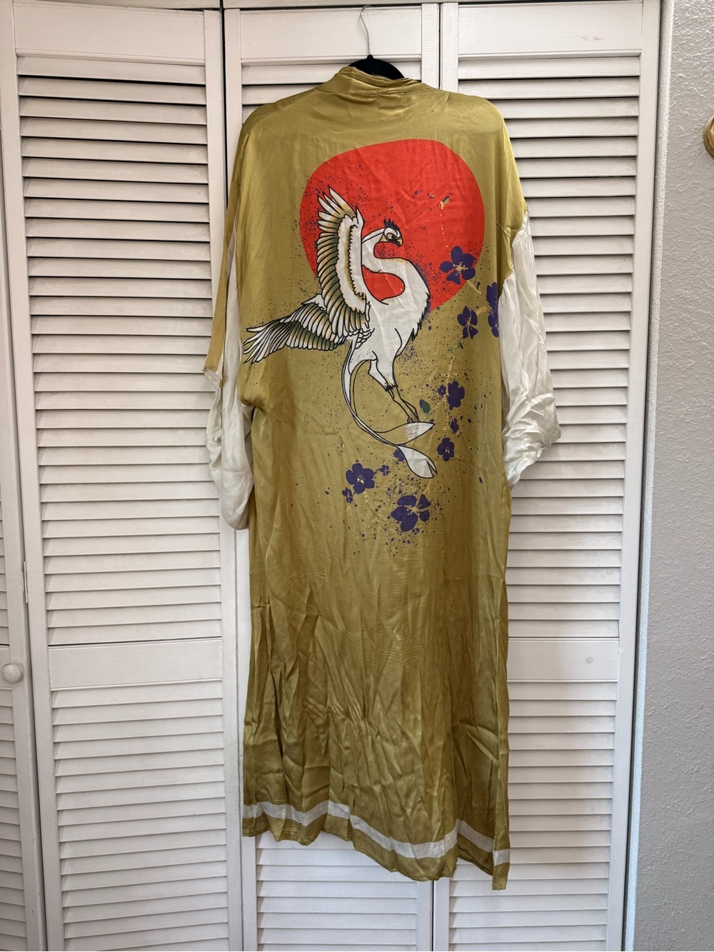 Free People Olive Green Crane Print Long Kimono with Red Accent